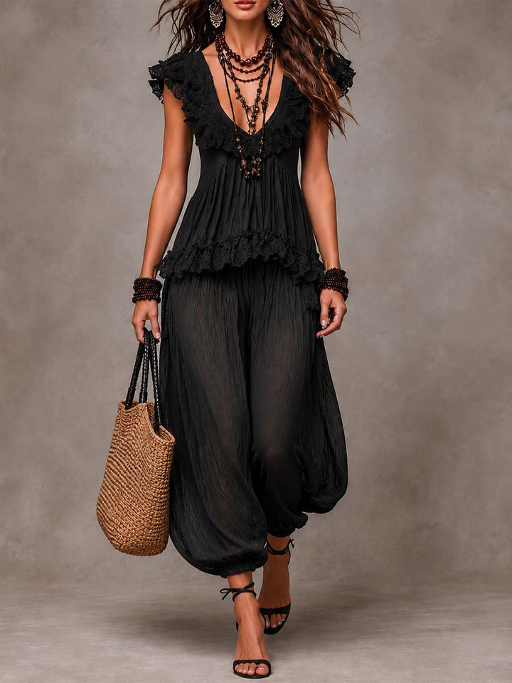 Completo V-collo bohemien nero