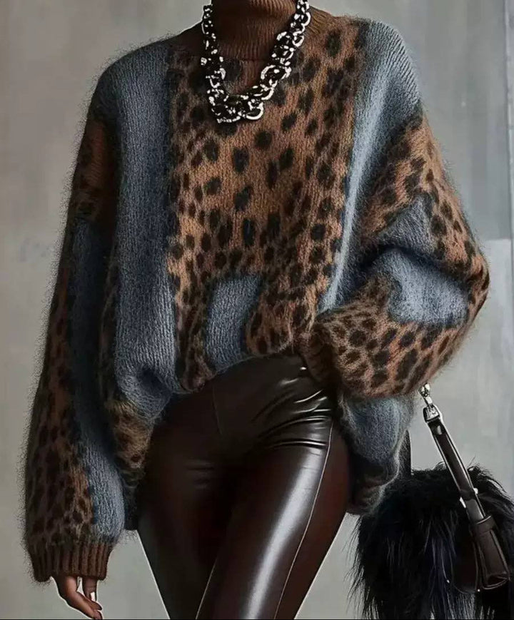 Rhodora™ | Maglione a Collo Alto con Blocco di Colore Leopardato