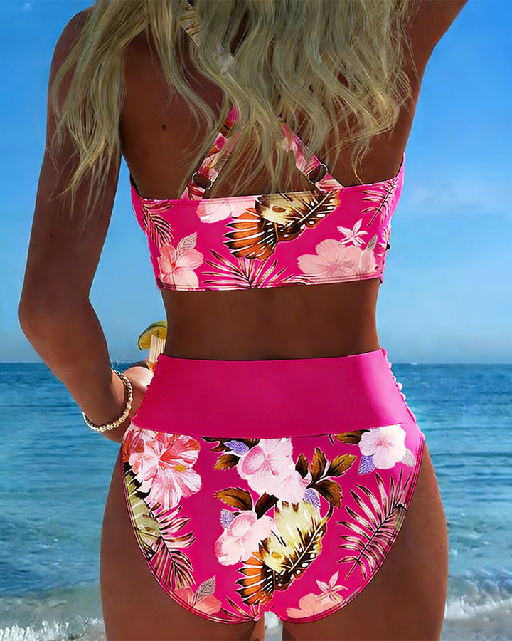 Bikini con motivo floreale a contrasto e spacco