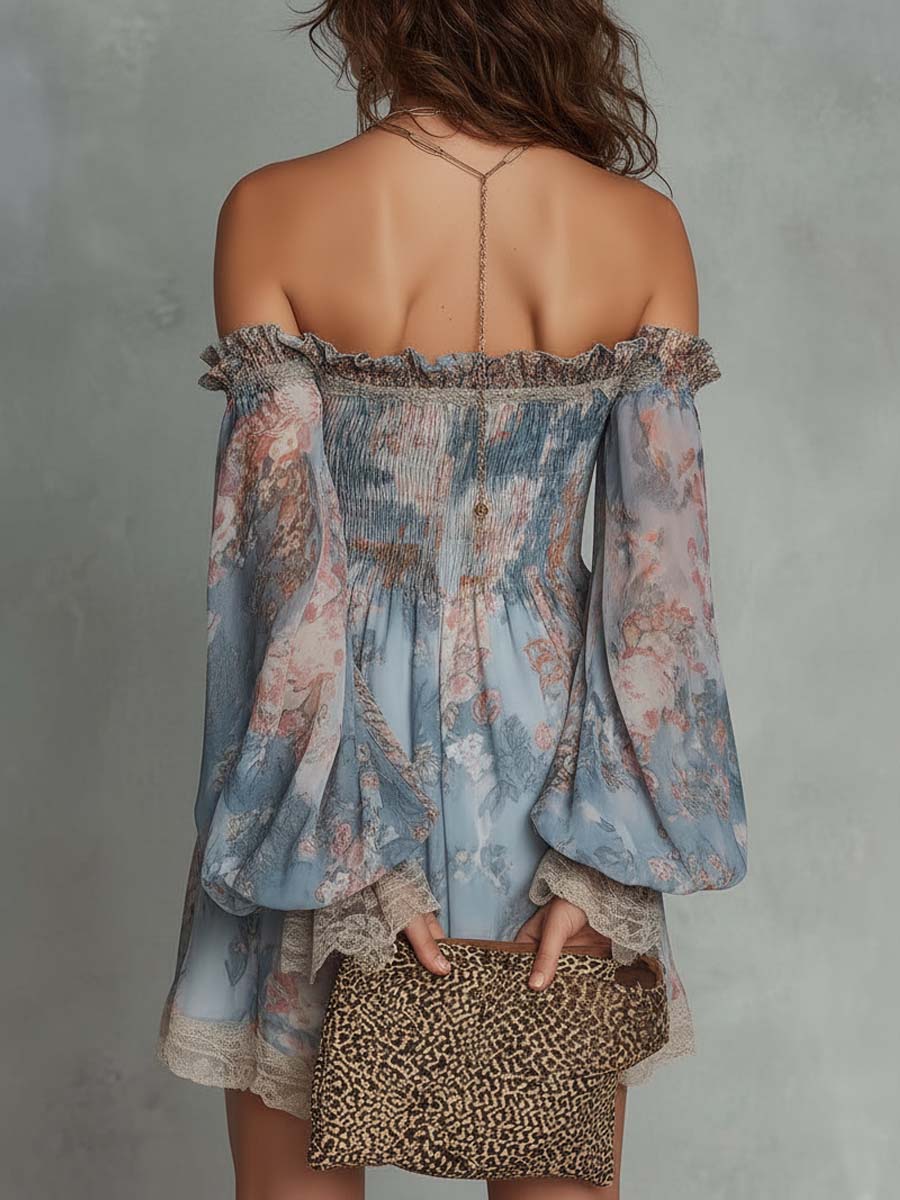 Abito Mini Chiffon Arricciato a Spalle Scoperte con Fiori Romantici