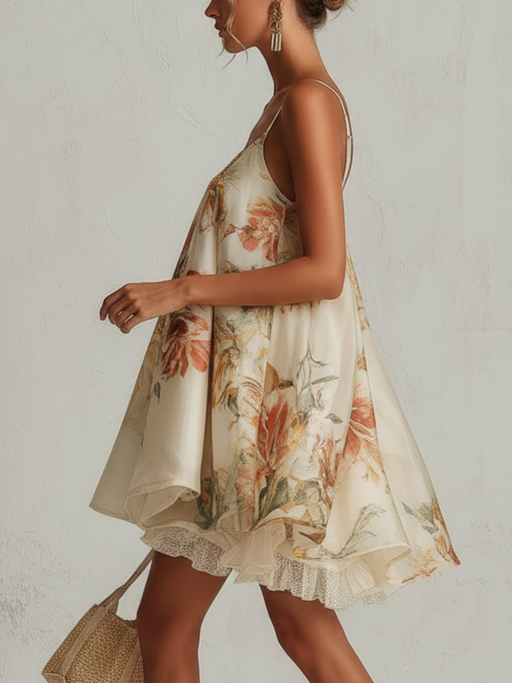 Abito mini A-line in organza floreale beige con pizzo