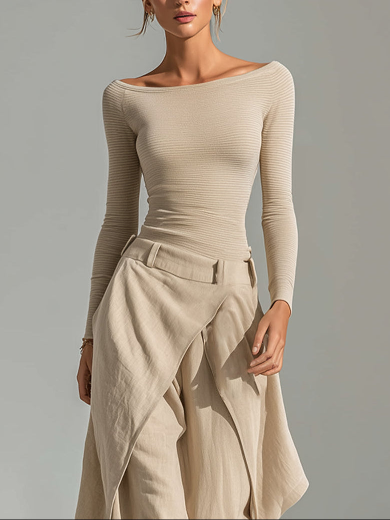 Set top beige a scollo a barca e pantaloni larghi a strati