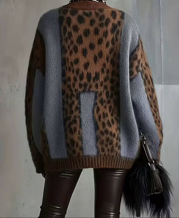 Rhodora™ | Maglione a Collo Alto con Blocco di Colore Leopardato