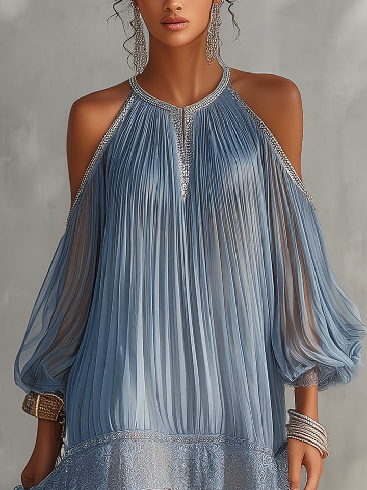 Abito Mini Blu Off-Shoulder con Rouches e Orlo in Pizzo