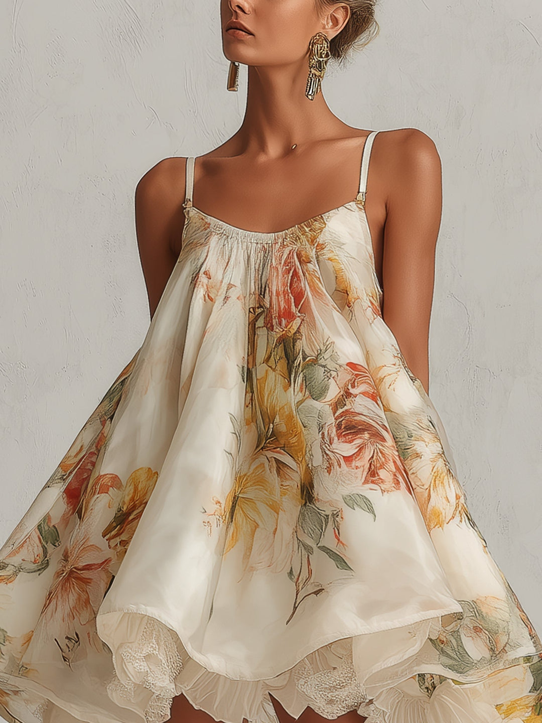 Abito mini A-line in organza floreale beige con pizzo