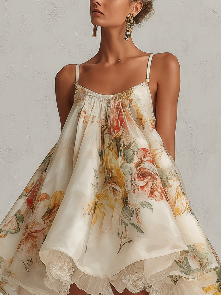 Abito mini A-line in organza floreale beige con pizzo