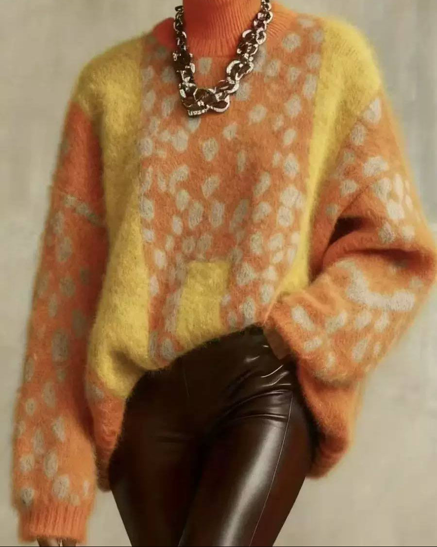 Rhodora™ | Maglione a Collo Alto con Blocco di Colore Leopardato