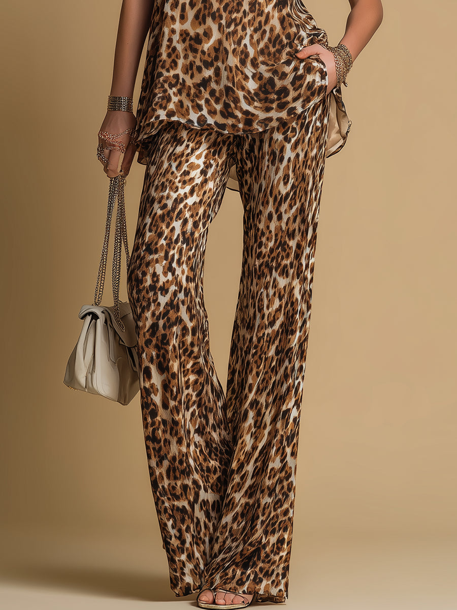 Elegante Top in Chiffon Senza Maniche con Stampa Leopardo e Pantaloni Svasati