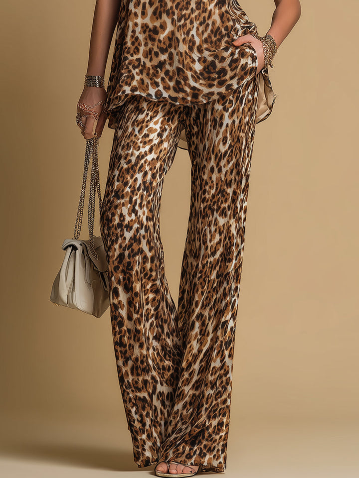 Elegante Top in Chiffon Senza Maniche con Stampa Leopardo e Pantaloni Svasati