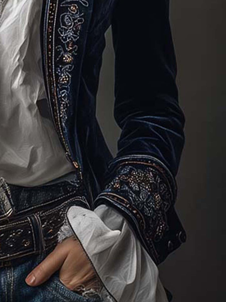 Giacca lunga vintage da donna ricamata in navy