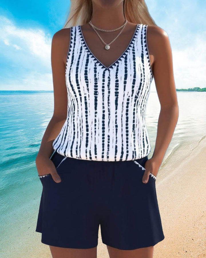 Mia | Costume da bagno casual a due pezzi stampato con scollatura a V e tasche