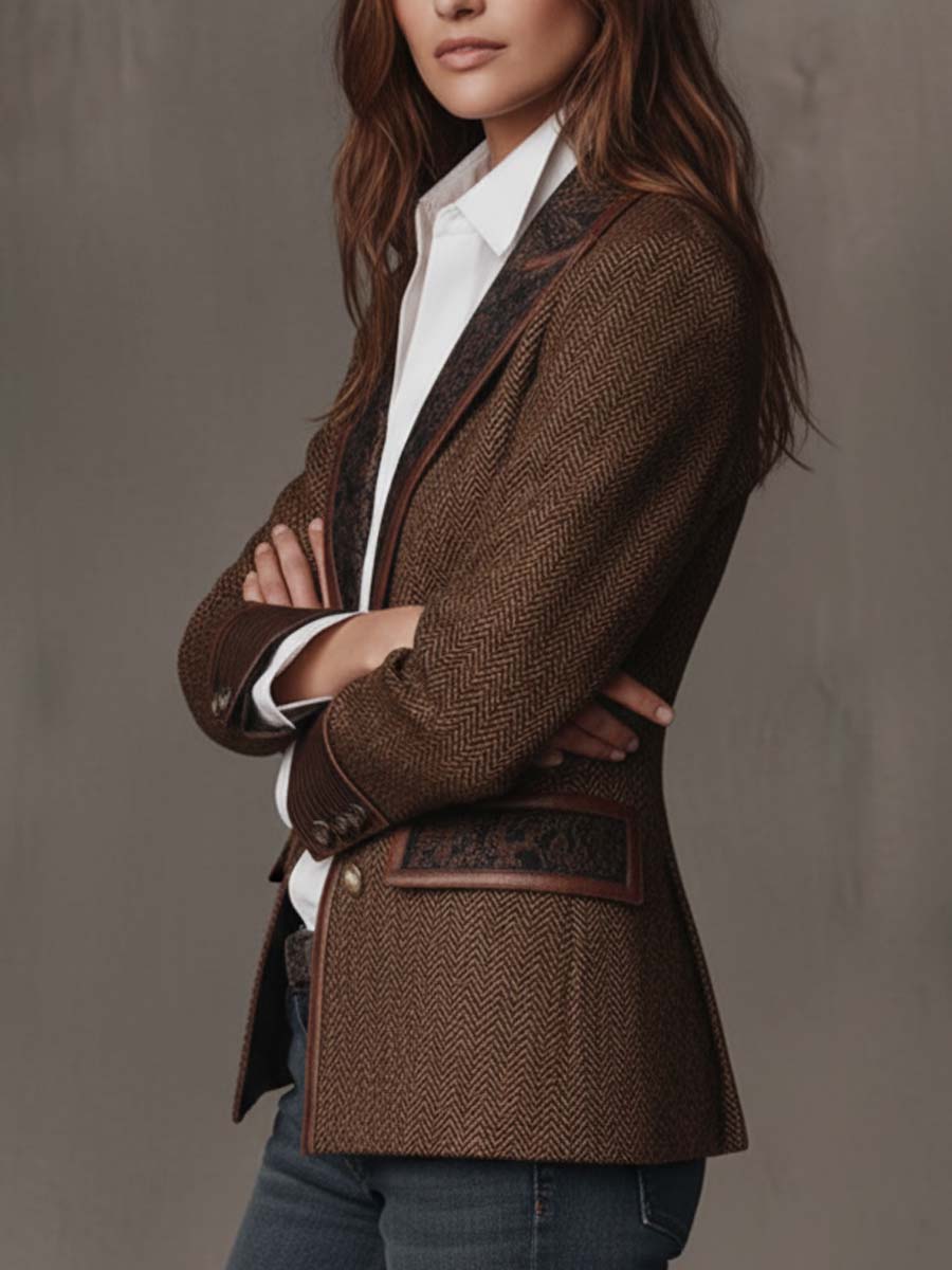 Blazer da Donna con Pannello Stampato a Spina di Pesce