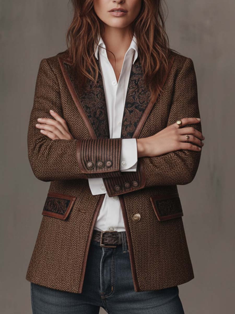 Blazer da Donna con Pannello Stampato a Spina di Pesce