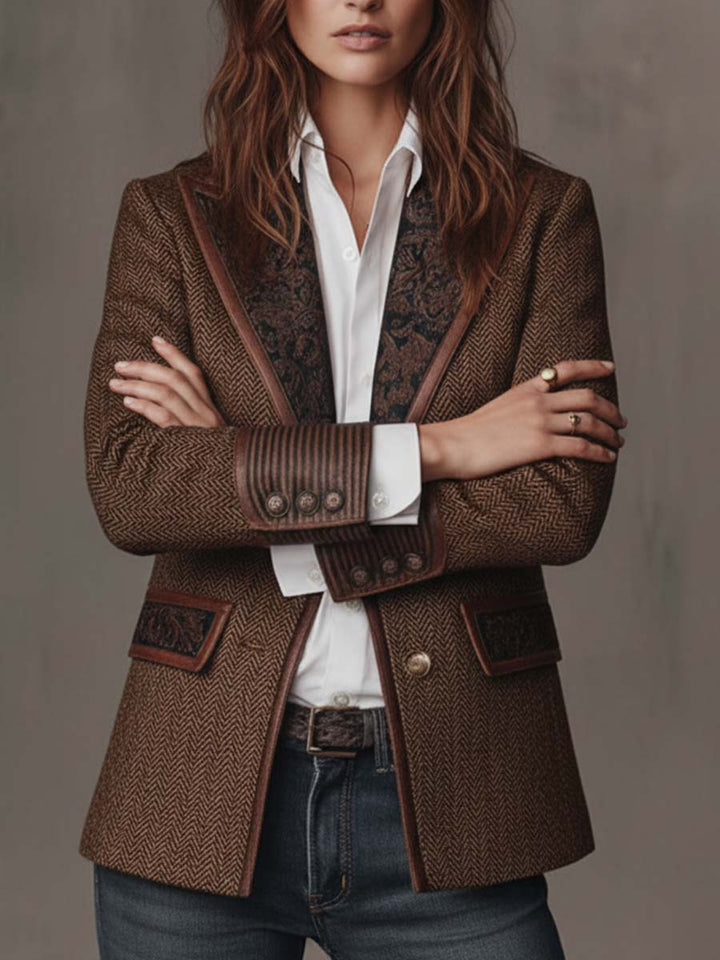 Blazer da Donna con Pannello Stampato a Spina di Pesce