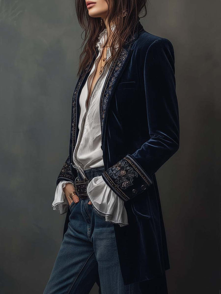 Giacca lunga vintage da donna ricamata in navy