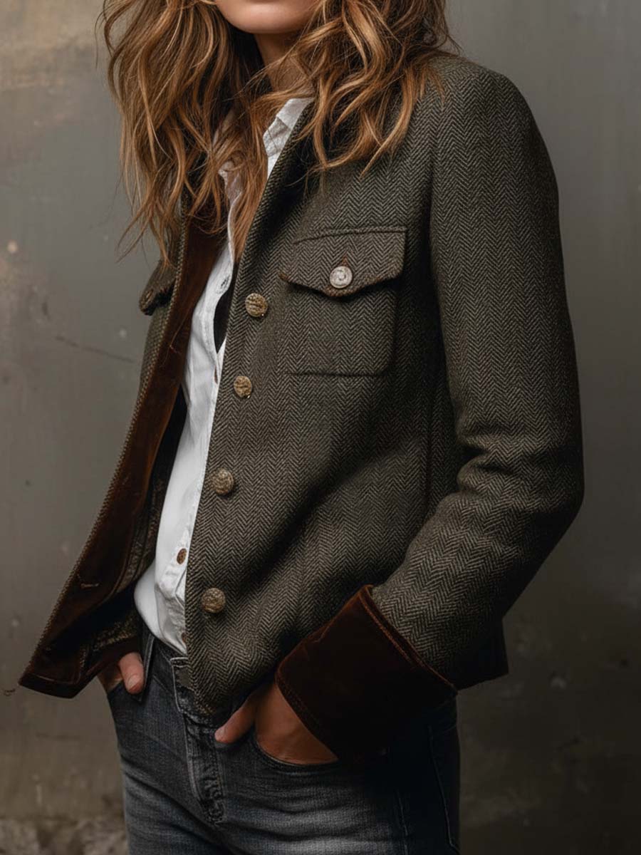 Blazer Donna Vintage a Coste con Rifiniture a Contrasto