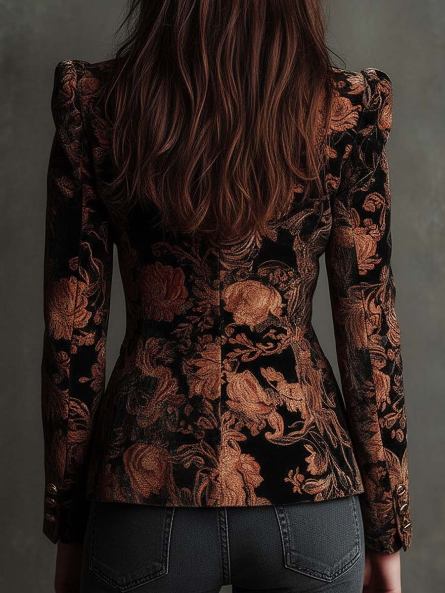 Blazer Tailored Nero e Bronzo con Stampa Floreale per Donne
