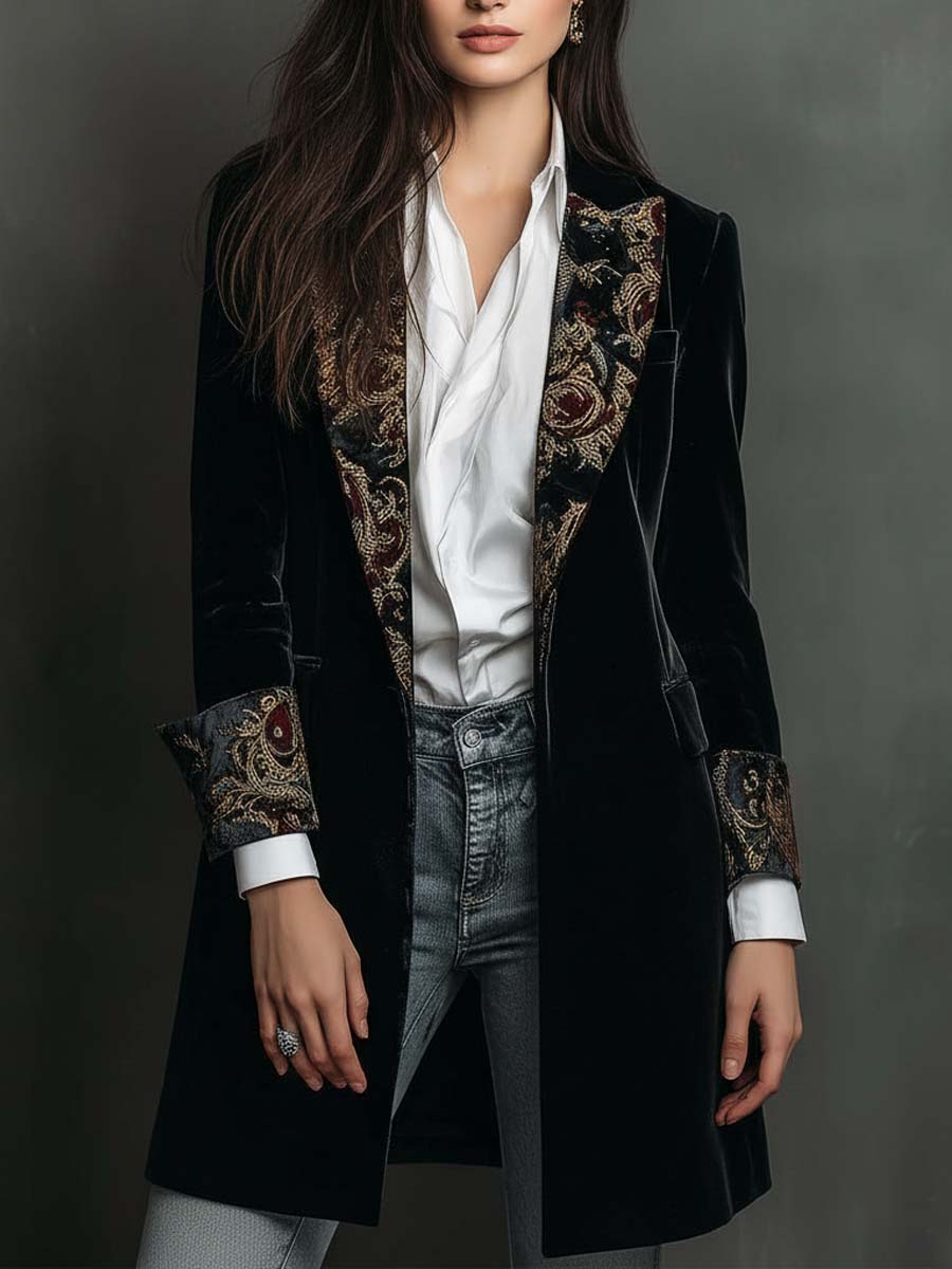Blazer Slim Fit Nero con Stampa Barocca per Donne