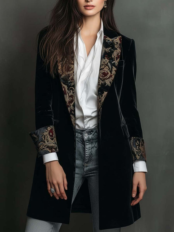 Blazer Slim Fit Nero con Stampa Barocca per Donne