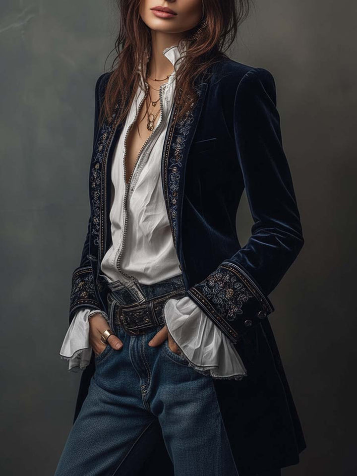 Giacca lunga vintage da donna ricamata in navy