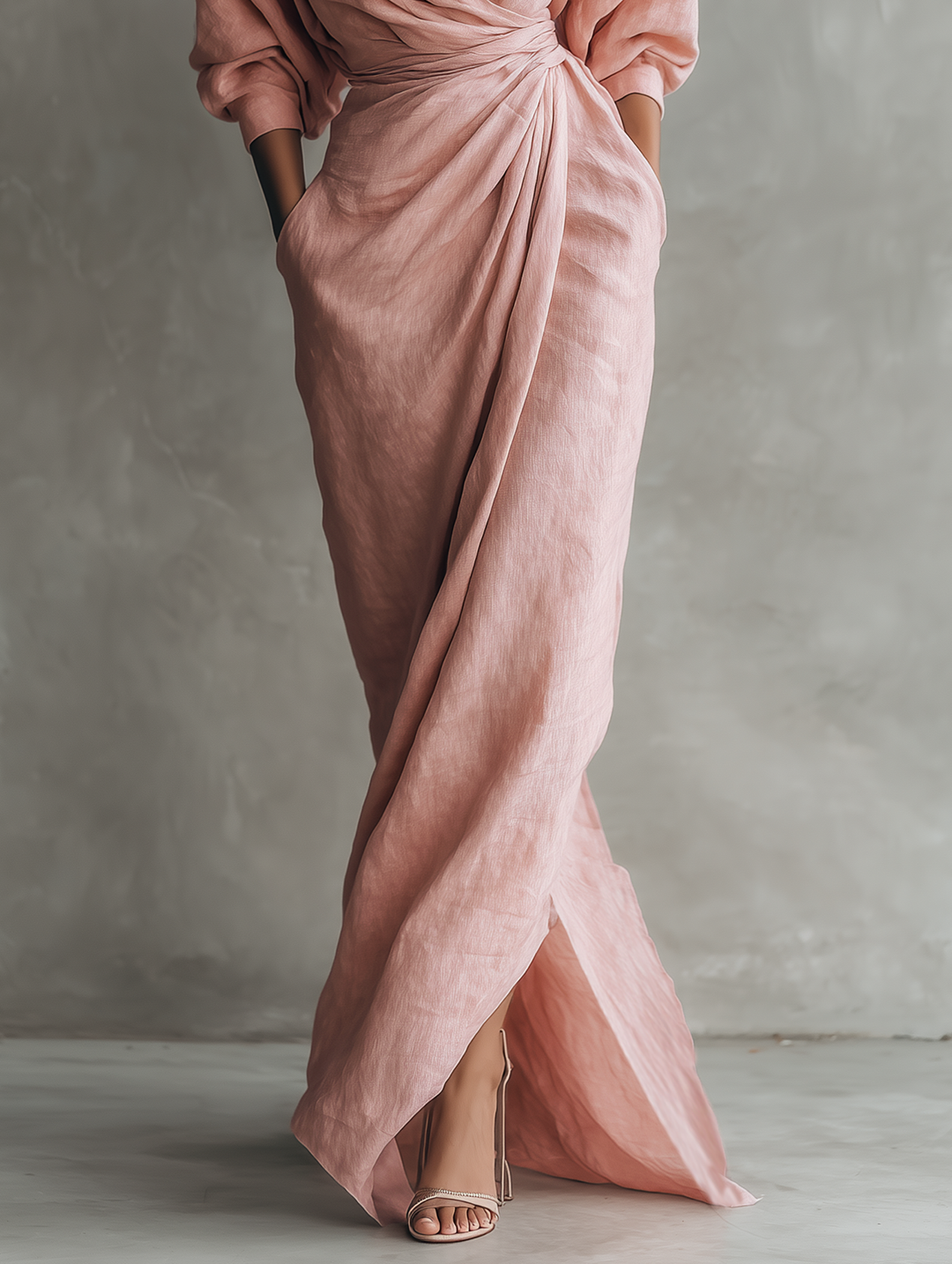 Abito Maxi in Lino Rosa con Scollo a V