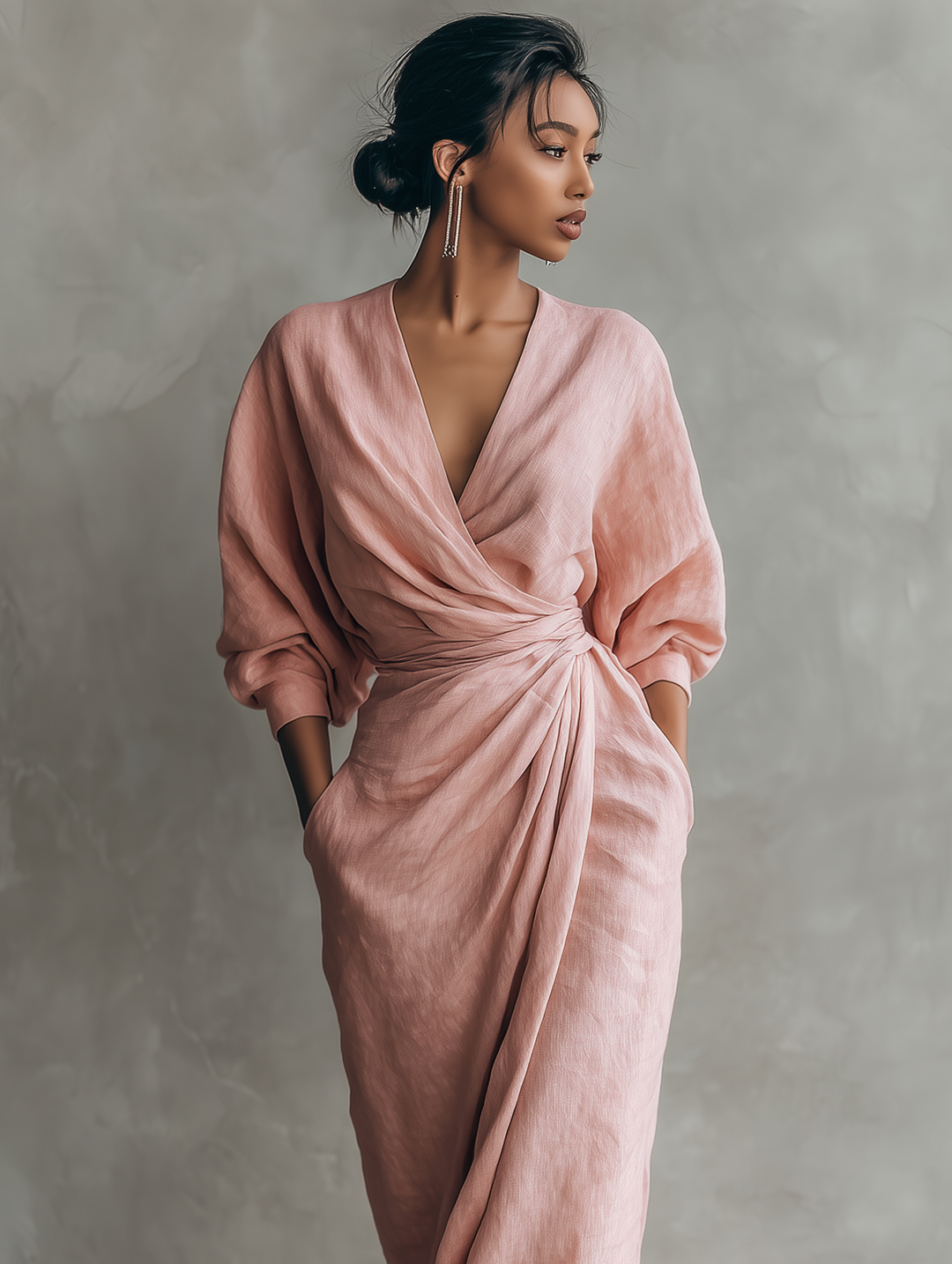 Abito Maxi in Lino Rosa con Scollo a V