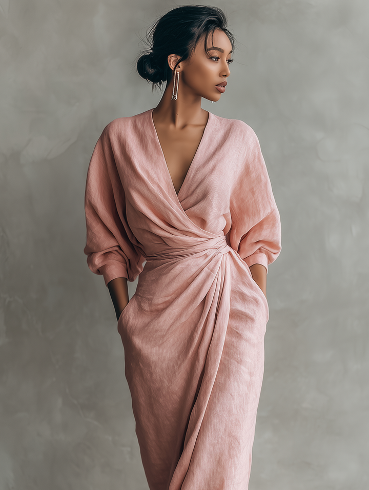 Abito Maxi in Lino Rosa con Scollo a V