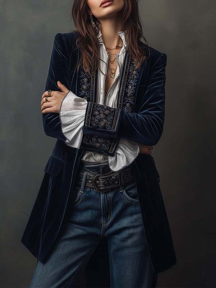 Giacca lunga vintage da donna ricamata in navy