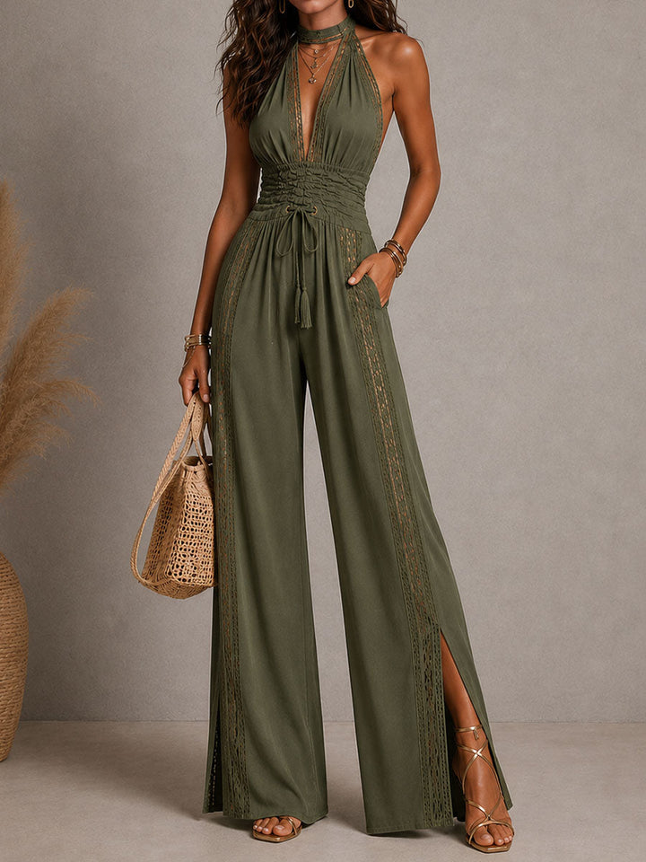 Jumpsuit Elegante Boho con Pannello in Pizzo e Vita Arricciata a Gamba Larga