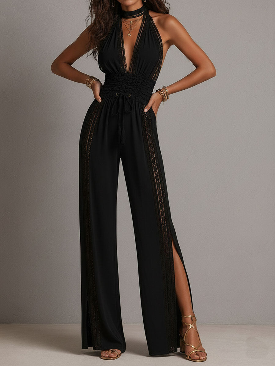 Jumpsuit Elegante Boho con Pannello in Pizzo e Vita Arricciata a Gamba Larga