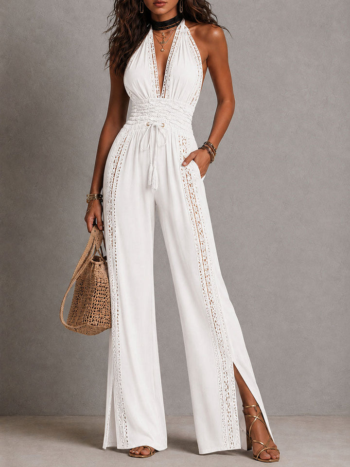 Jumpsuit Elegante Boho con Pannello in Pizzo e Vita Arricciata a Gamba Larga