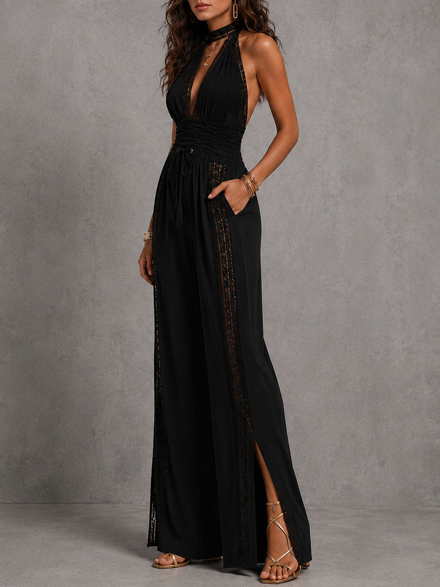Jumpsuit Elegante Boho con Pannello in Pizzo e Vita Arricciata a Gamba Larga