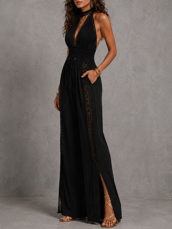 Jumpsuit Elegante Boho con Pannello in Pizzo e Vita Arricciata a Gamba Larga