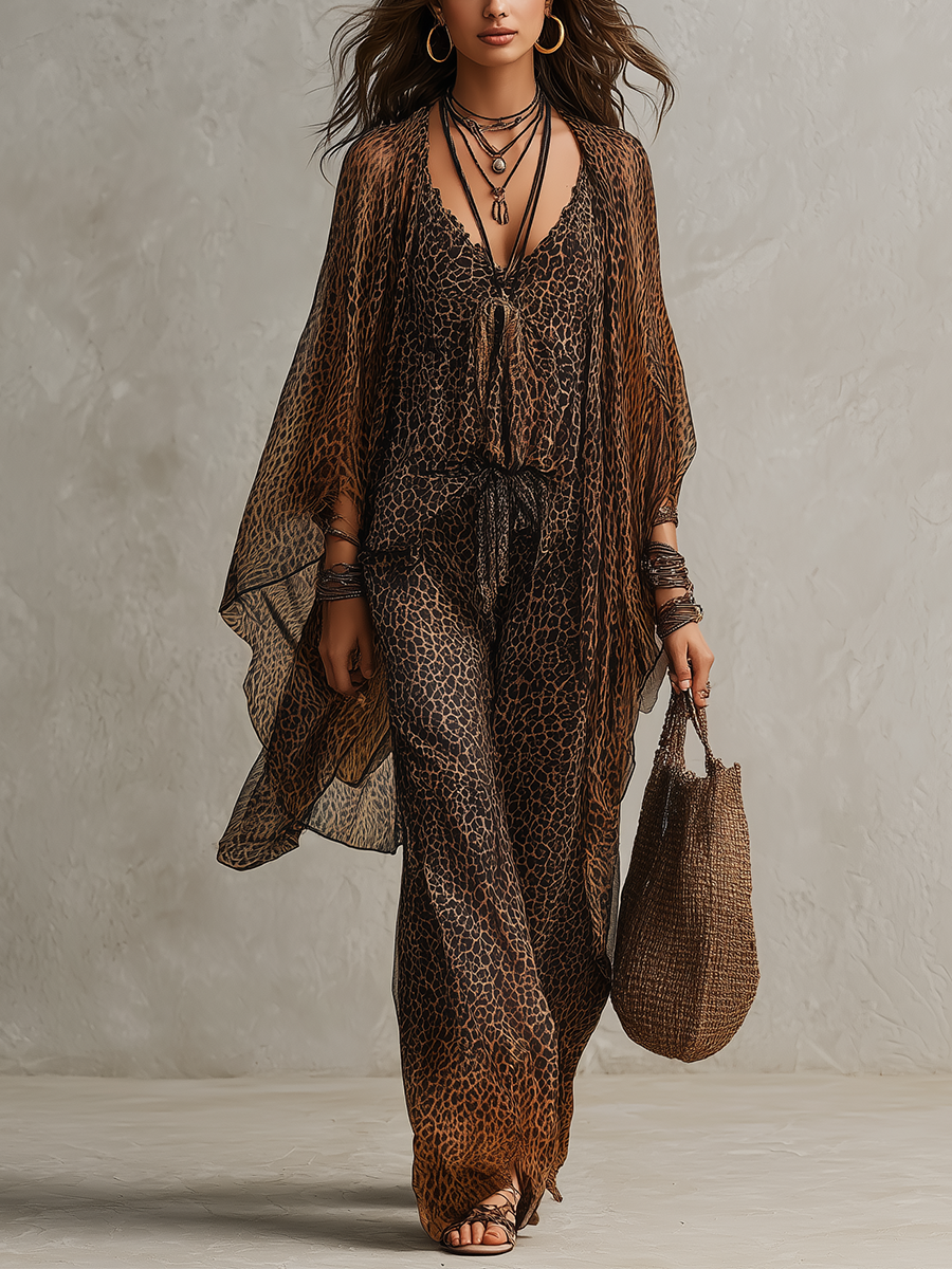 Set di Tre Pezzi in Stile Bohemien con Stampa Leopardo Gradiente
