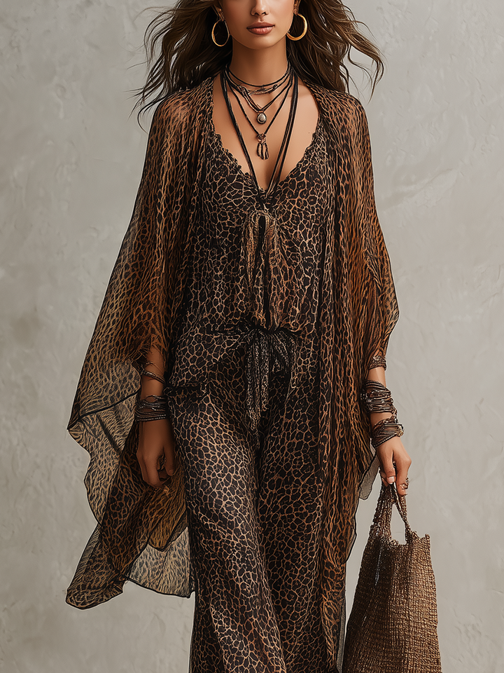 Set di Tre Pezzi in Stile Bohemien con Stampa Leopardo Gradiente