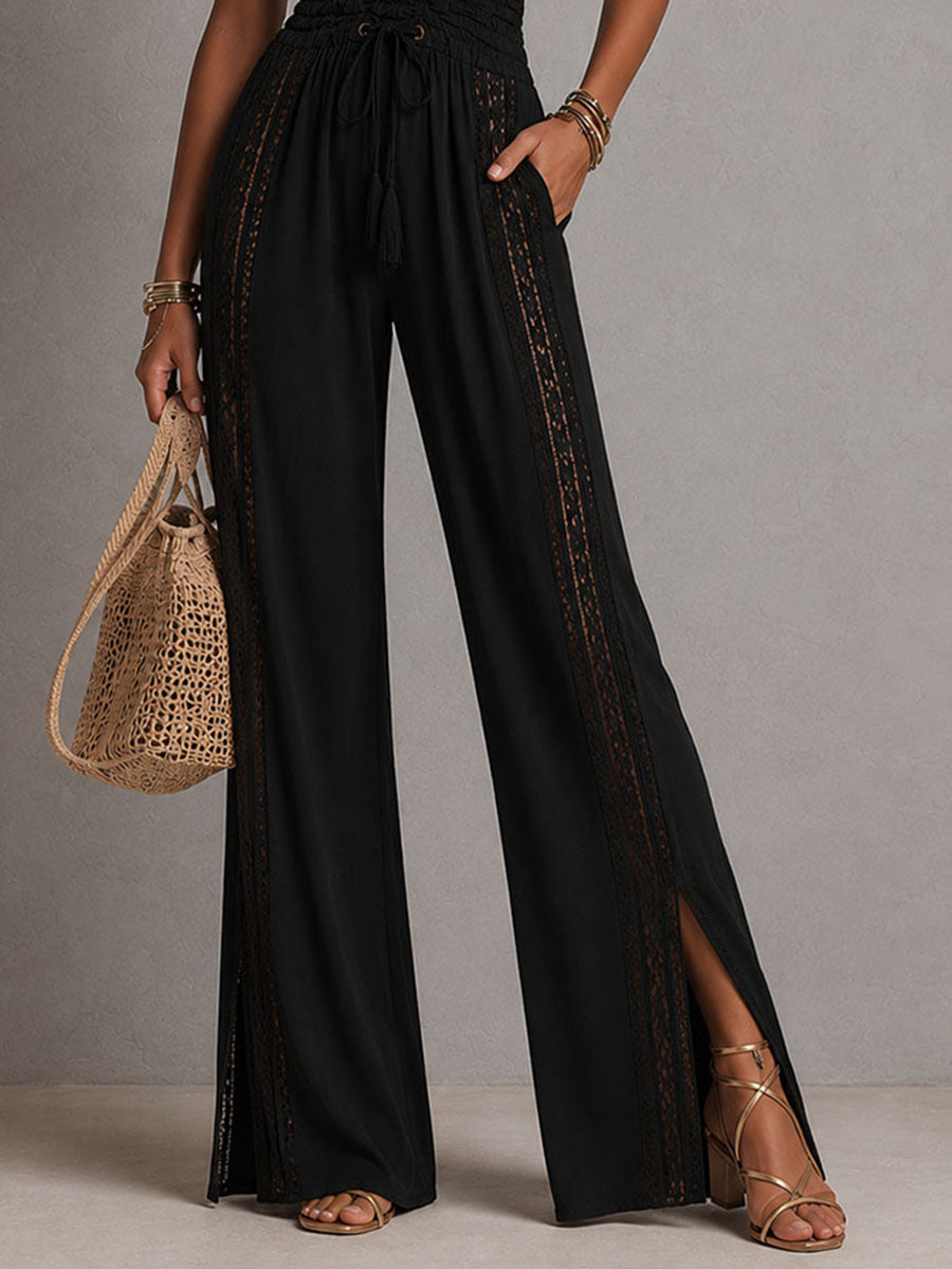 Jumpsuit Elegante Boho con Pannello in Pizzo e Vita Arricciata a Gamba Larga