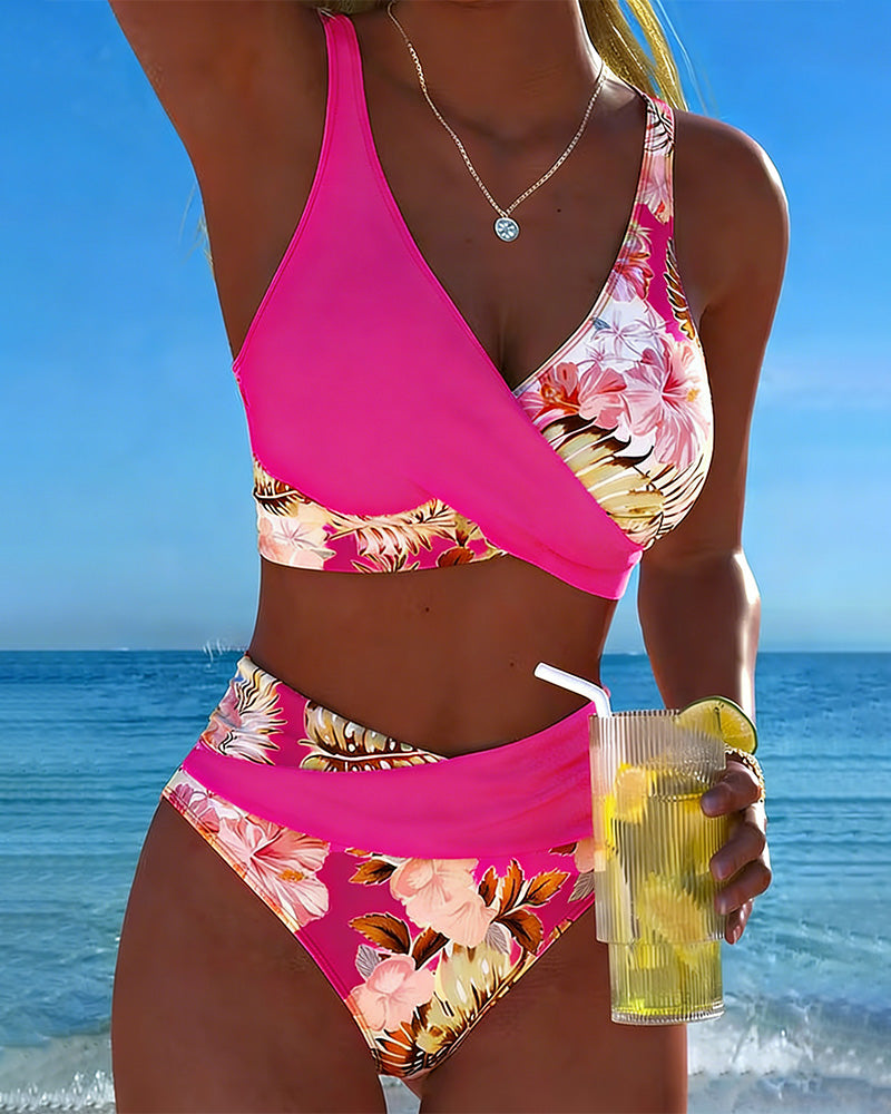 Bikini Contrast Motivo Floreale Scollo Profondo