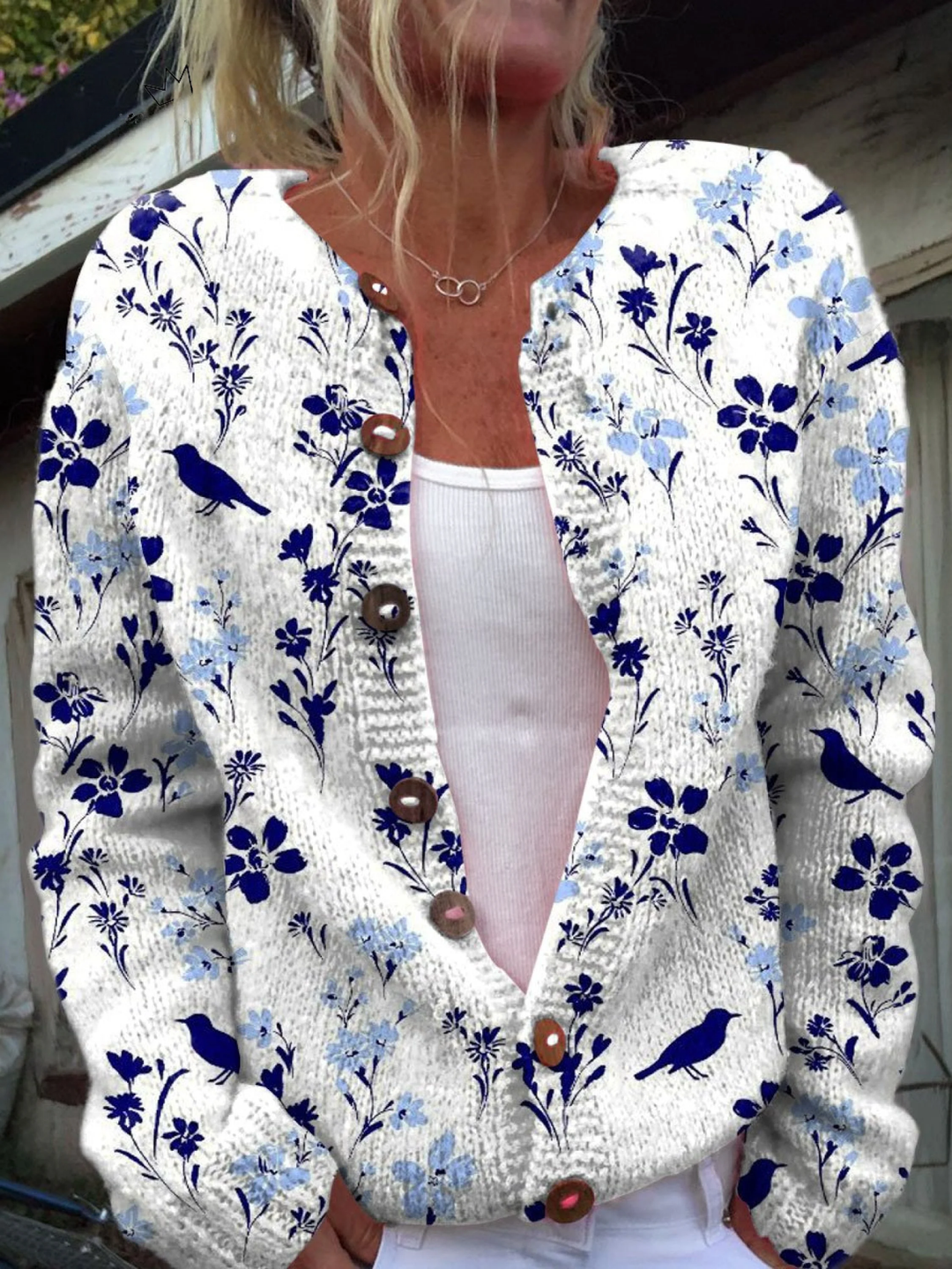 Vynora™ | Cardigan in Maglia con Stampa Vintage di Fiori e Uccelli