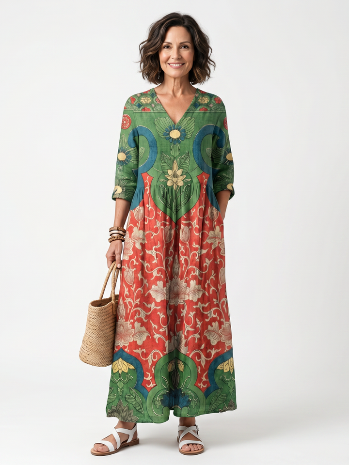 Sloane | Vestito Midi con Stampa Mista e Scollatura a V