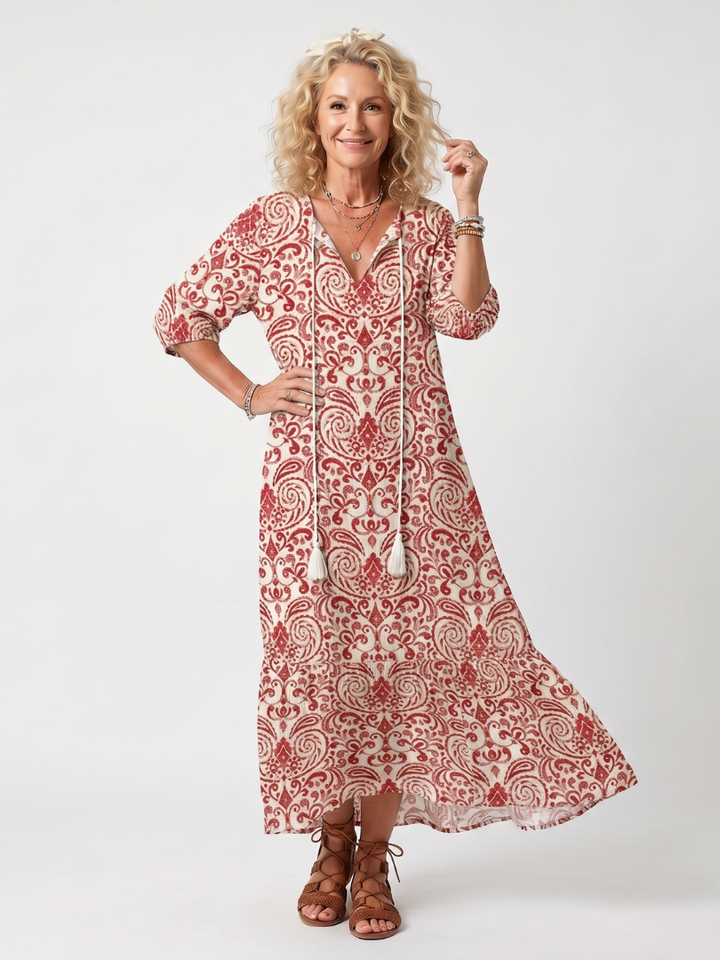 Noelle | Abito Midi con Stampa Ornata e Nastro a Frange