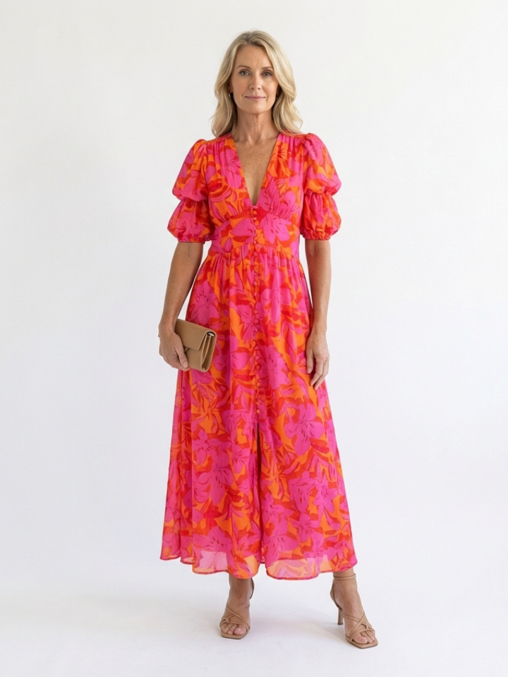 Willow | Abito midi con scollo a V floreale e maniche a sbuffo