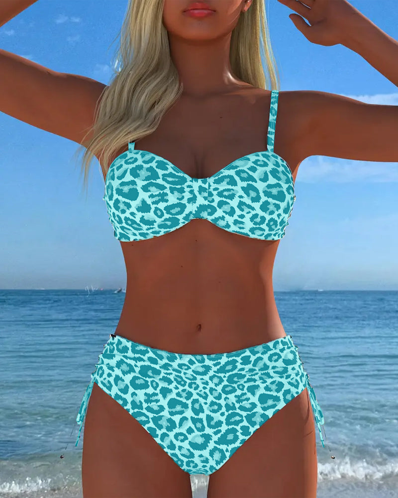 Costume da bagno due pezzi con nodo e stampa leopardata