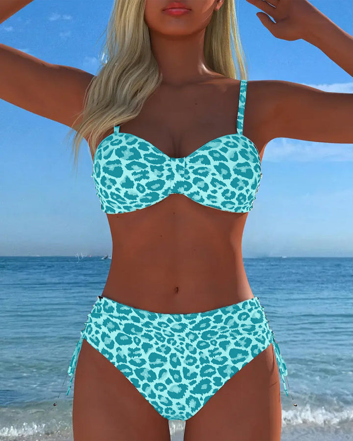 Costume da bagno due pezzi con nodo e stampa leopardata
