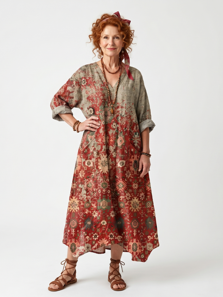 Zafferano | Abito Midi Relaxed con Pattern Misto e Tasche