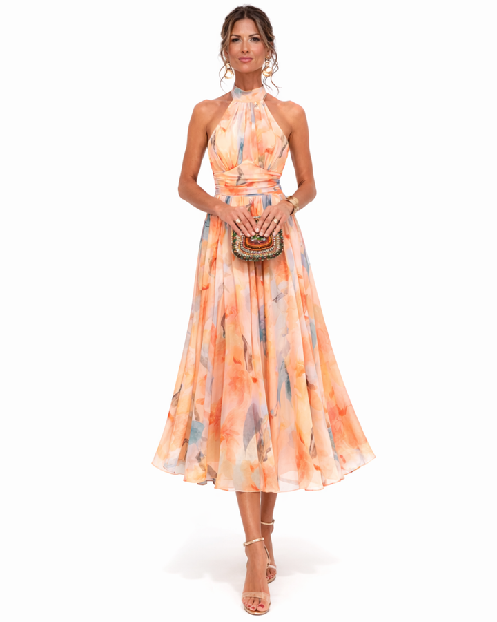Irene | Vestito con scollo halter e stampa ad acquerello
