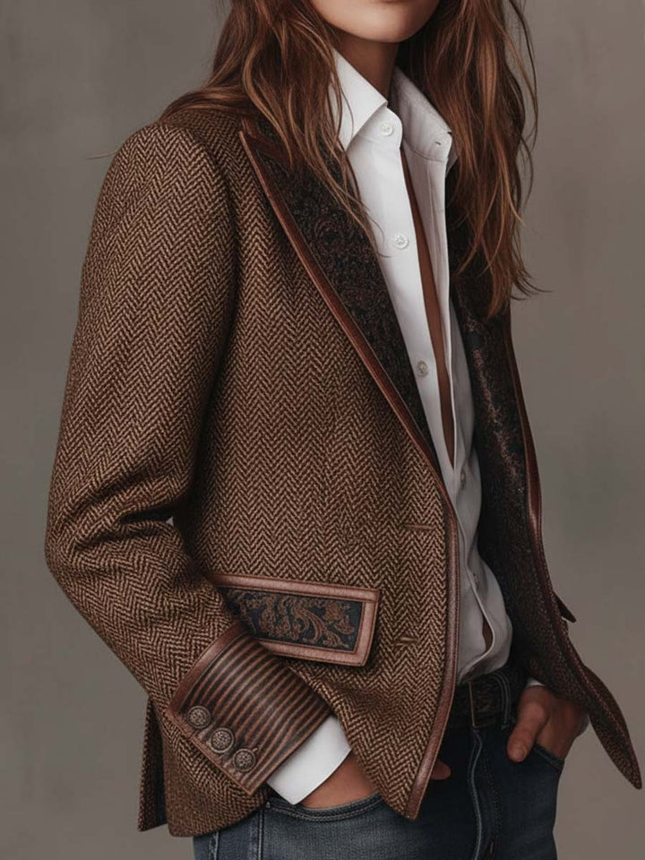 Blazer da Donna con Pannello Stampato a Spina di Pesce