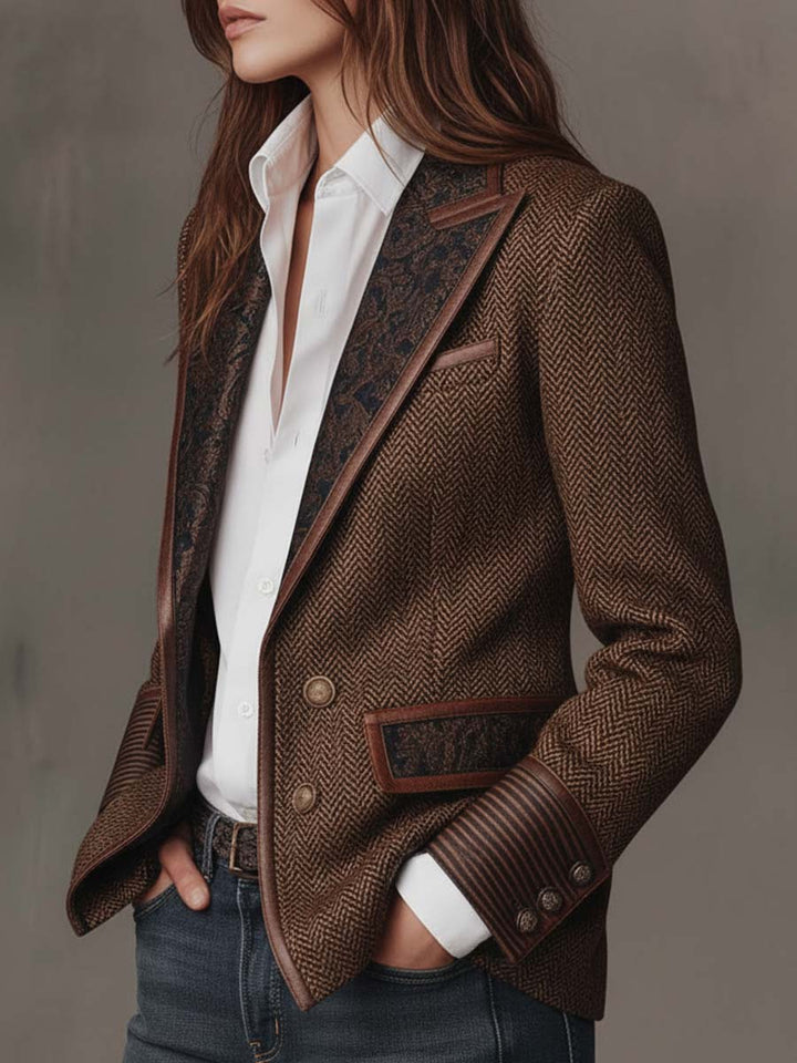 Blazer da Donna con Pannello Stampato a Spina di Pesce