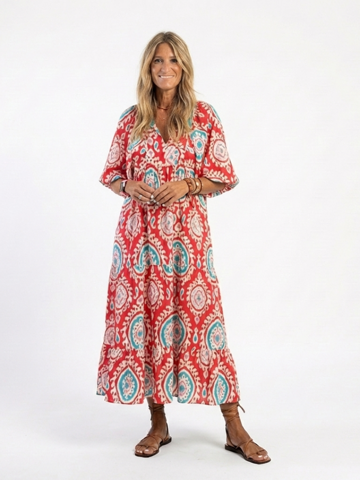 Zaria | Abito midi con stampa paisley e scollatura a V con maniche corte