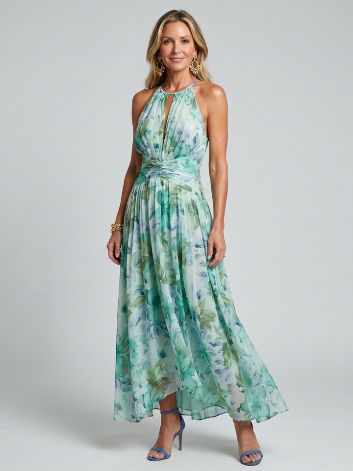 Robe Midi Portia in Crêpe Plissé con Collo Halter e Stampa Floreale