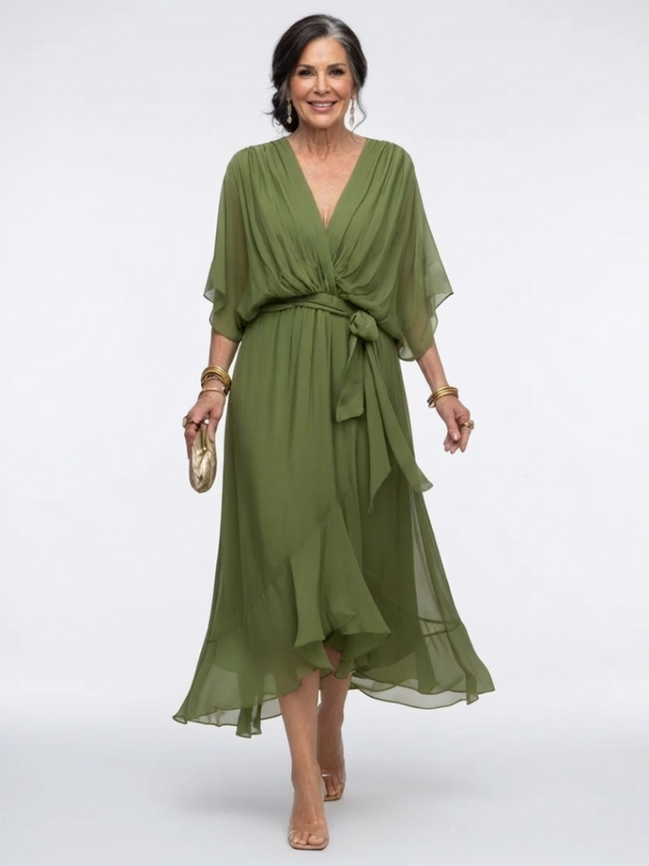 Elysia | Abito midi drappeggiato con scollatura a V e cintura in vita